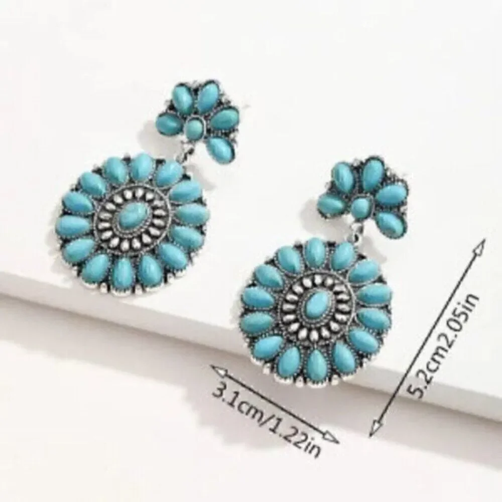 Squash Blossom Turquoise Retro Silver Plated Western  Drop Dangle Earrings